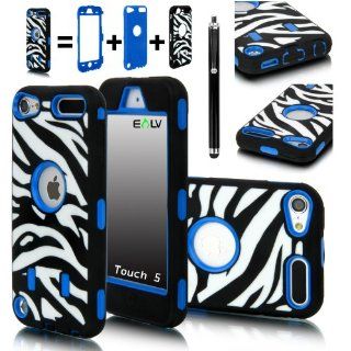 E LV Deluxe Zebra Print Hard Soft High Impact Hybrid Armor Defender Case Combo for Apple iPod Touch 5 5th Generation with 1 Front and Back Screen Protector, 1 Black Stylus and E LV Microfiber Sticker Digital Cleaner (Blue) Cell Phones & Accessories