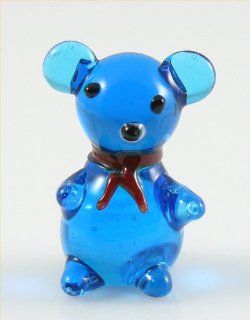 Teddy Bear Glass Miniature Figurine, Blue w/ Red Bow Tie Approximately 1 Inch Tall   Collectible Figurines