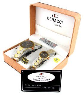 Denacci His and Hers Matching Stainless Steel Watches. Elegant Matte Silver tone finish with Polished Gold Tone accents, Black Metallic clock face.: Jewelry