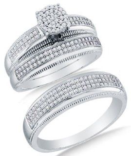10k White OR Yellow Gold Diamond Micro Pave Mens And Ladies Couple His & Hers Trio 3 Three Ring Bridal Matching Engagement Wedding Ring Band Set (1/2 cttw.)   SEE "PRODUCT DESCRIPTION" TO CHOOSE BOTH SIZES: Jewelry