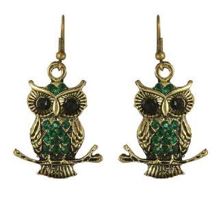 Woman Women Green Plastic Beads Metal Owl Fish Hook Earrings Bronze Tone Pair: Dangle Earrings: Jewelry