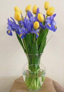 20 Tulip & Iris Cut Flower Arrangement w/ Vase : Fresh Cut Format Mixed Flower Arrangements : Grocery & Gourmet Food
