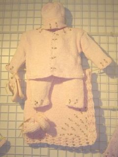 Cpk83pbkbm, Knitted on Hand Knitting Machine Then Finished By Hand Crochet Infant Girls Outfit, Containing Baby Pink Chenille Cardigan Sweater, Pant, Hat, Booty, Mitten and Matching Gita Blanket Set Trimmed with Small Satin Rosebuds.: Infant And Toddler La