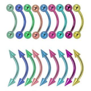 16G 5/16" Unalloyed Solid Grade 2 Titanium Curved Eyebrow with Plain 3MM Ball Assortment   9 Pack of Different Colors   Green, Yellow, Teal, Dark Blue, Light Blue, Dark Purple, Purple, Light Purple and Pink: Jewelry