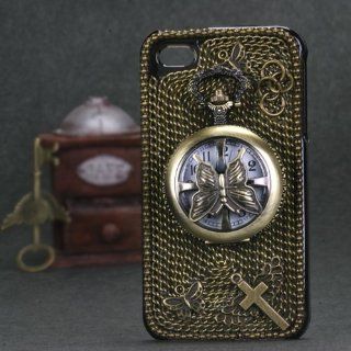 Hard Plastic Snap on Cover Fits Apple iPhone 4 4S Butterfly Pocket Watch Crystal 3D Diamond Plus A Free LCD Screen Protector AT&T, Verizon (does NOT fit Apple iPhone or iPhone 3G/3GS or iPhone 5/5S/5C): Cell Phones & Accessories