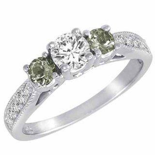 DivaDiamonds C6610GADGAW8 14K White Gold Round 3 Stone Diamond and Green Amethyst Engagement Ring with Milgrain Pave Set Shank, 1.00 ctw, Size 8: Diva Diamonds: Everything Else