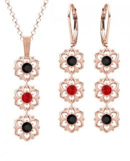 European Style 24K Pink Gold Plated over .925 Sterling Silver Jewelry Set: Pendant and Earrings by Lucia Costin with Flowers and Dots, Ornate with Red and Black Swarovski Crystals; Handmade in USA: Lucia Costin: Jewelry