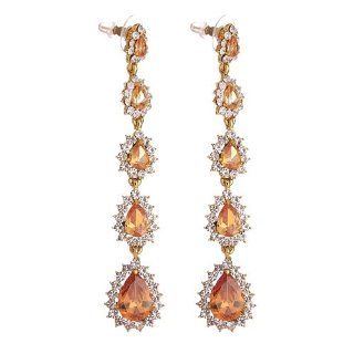 Long Pear Drop Style Swarovski crystal Earrings. Available in Clear, Red and Topaz on either 14K Gold or Silver Rhodium Plating Jewelry