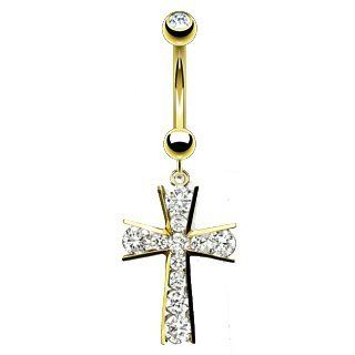 14 Karat Gold Cross Belly Button Ring Jewelry