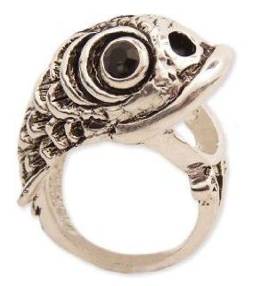 Beautiful ZAD Trout Fish with Mouth Open Wrap Around Fashion Ring Antique Silver Tone with Black Crystal Sparkling Eyes, 6 Right Hand Rings Jewelry