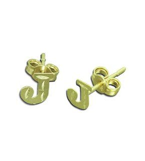 14K Yellow Gold Initial Letter J Stud Earrings: Jewelry