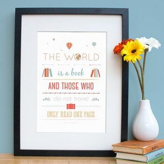 'the world is a book' travel quote print by joanne hawker