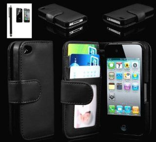 Fletronmall Black iPhone 4 4S Wallet Credit ID Card Flip Leather Pouch Case Cover 4GS 4G with Free Screen Protector and Stylus: Cell Phones & Accessories