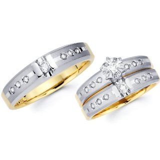 14k Two Tone Gold Engagement Ring His and Hers Wedding Band Trio Wedding Set (0.46 ctw, . GH Color, SI Clarity): Jewelry