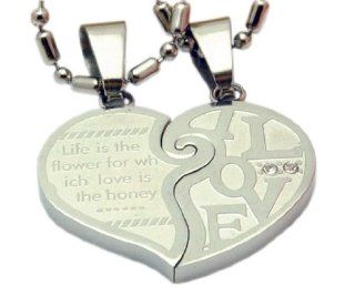 Stainless Steel Couples Love Heart 2 Necklace Pendant Set (His and Hers) Women's Men's Fashion Jewelry Reads "Life Is the Flower for Which Love Is the Honey" Jewelry