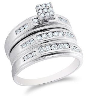 14K White Gold Diamond Mens and Ladies His & Hers Trio 3 Three Ring Bridal Matching Engagement Wedding Ring Band Set   Square Princess Shape Center Setting w/ Invisible Channel Set Round Diamonds   (.56 cttw)   SEE "PRODUCT DESCRIPTION" TO CH