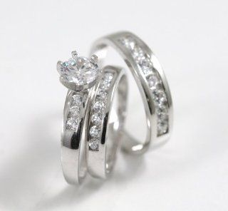 14k White Gold Ladies & Men His Hers Bridal CZ Ring Engagement Wedding Trio Set   4 Jewelry