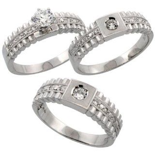 Sterling Silver 3 Piece His 6.5 mm & Hers 6 mm Trio Wedding Ring Set CZ Stones Rhodium Finish, Ladies Size 9: Jewelry
