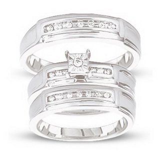 10K White Gold 0.14cttw Illusion Set Diamond Bridal Trio His and Hers Ring Set: Wedding Ring Sets: Jewelry