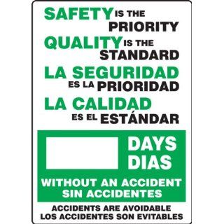 Accuform Signs SBMSR249PL Plastic Write A Day Bilingual Scoreboard, "Safety Is The Priority   Quality Is The Standard   #### Days Without An Accident   Accidents Are Avoidable" (English/Spanish), 20" Length X 28" Height: Industrial Warn