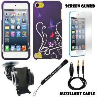 Purple Butterfly Floral 2 piece Cover Shield Protector Case For Apple iPod Touch 5 ( 5th Generation) 32GB, 64GB + 3.5mm Stereo Audio Cable With Built In Microphone + 360 Car Rotatable Windshield Mount Kit + Anti Glare Screen Protector Guard + an eBigValue