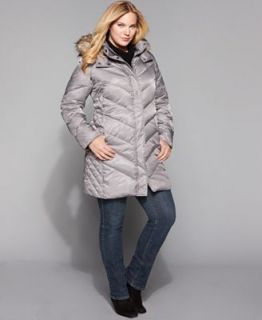 Kenneth Cole Reaction Plus Size Coat, Faux Fur Hood Chevron Down   Coats   Women