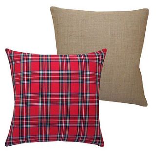 red tartan and natural jute sacking cushion by acacia design