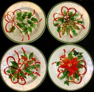 222 Fifth Christmas Holiday Festivities Appetizer / Bread / Party Plates, Set of 4: Salad Plates: Kitchen & Dining