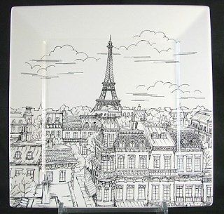 222 Fifth City Scenes Paris Black & White Square Salad Plates, Set of 4, Eiffel Tower: Kitchen & Dining