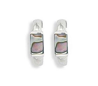 Polished Sterling Silver 1/2 Hoop Earrings With 6x4mm Inlaid Abalone Shell Earrings: Jewelry
