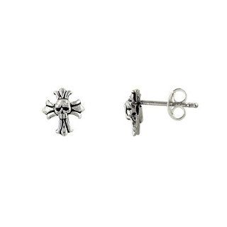 Sterling Silver Miniature Skull Cross Stud Earrings: Small Cross Post Silver Earrings: Jewelry
