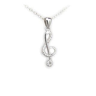 Sterling Silver Musical Treble Clef Pendant with Cubic Zirconia, 18" Chain: Pendant Necklaces: Jewelry