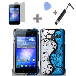 Rubberized Blue Black Silver Vine Flower Snap on Design Case Hard Case Skin Cover Faceplate with Screen Protector, Case Opener and Stylus Pen for Huawei Activa 4G LTE M920 (MetroPCS/US Cellular): Cell Phones & Accessories
