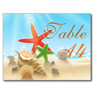 Coral & green starfish beach wedding table number post cards
