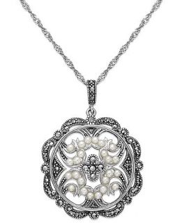 Genevieve & Grace Sterling Silver Cultured Freshwater Pearl (2 1/3mm) and Marcasite Pendant Necklace   Necklaces   Jewelry & Watches