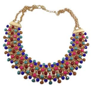 Ladies Layered Bubble Beads Golden Double Chain Choker Bib Statement Necklace(WP H156): Jewelry