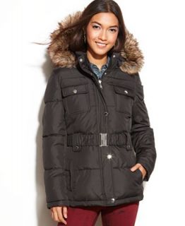 Laundry by Design Hooded Faux Fur Trim Belted Puffer Parka   Coats   Women