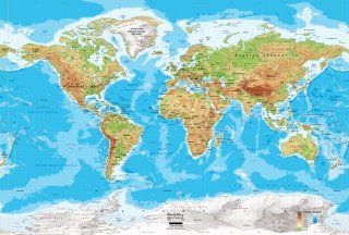 World Map Wall Mural   Physical   Miller Projection   8 panel   142" x 96"   Wall Decor Stickers