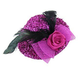Women Glittery Fuchsia Mini Top Hat Black Feather Bow Tie Decor Hair Clip: Health & Personal Care