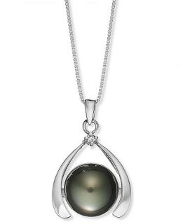 Sterling Silver Necklace, Cultured Tahitian Pearl (11mm) and Diamond Accent Pendant   Necklaces   Jewelry & Watches