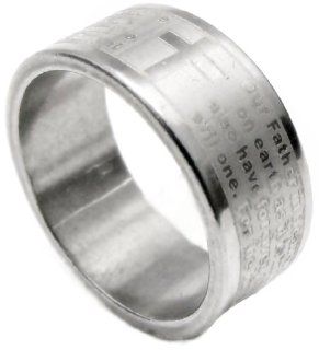 Silver Grey Lord's Prayer Quote & Cross Ring, 316L Stainless Steel Band, Size 9 Jewelry