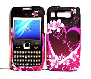 Purple Flower Heart Design Rubberized Snap on Hard Skin Shell Protector Cover Case for Nokia E73 + Microfiber Pouch Bag + Case Opener: Cell Phones & Accessories