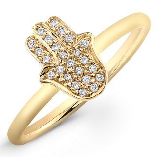 14K Yellow Gold Pave Diamond Hamsa Ring Jewelry