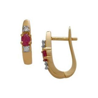 10 Karat Yellow Gold Ruby Gemstone & Diamond Earrings: Jewelry