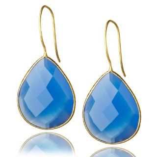 Saachi 18K Gold Clad Faceted Single Drop Gemstone Earrings Blue Chalcedony: Jewelry