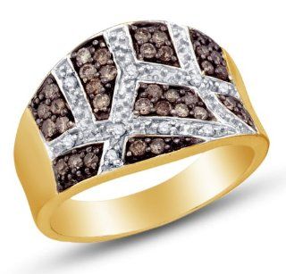 10K Yellow and White Two 2 Tone Gold Prong Set Round Brilliant Cut Chocolate Brown and White Diamond Ladies Womens Fashion, Wedding Ring OR Anniversary Band (1/2 cttw.): Jewelry