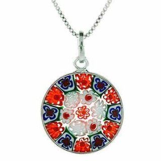 Sterling Silver Round Murano Glass Millefiori Flower Pendant: Jewelry