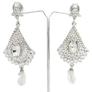 Silver Tone White CZ Indian Earring Set Wedding Party Wear Traditional Dangle Jewelry: Jewelry