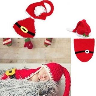 Infant Newborn Baby Boy Girl Knit Crochet Christmas Hat Photography Xmas Clothes (Red Flower Hat+Sleeping Bag) Clothing