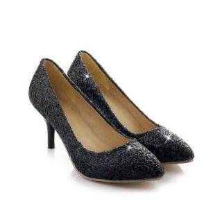 Vogue009 Womens Closed Pointed Toe Kitten Heel Sequins PU Solid Pumps with Sequin, Black, 43: Shoes